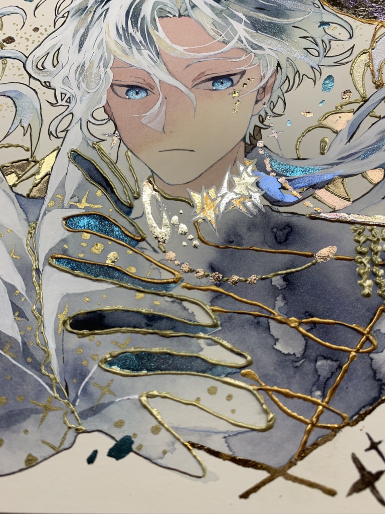 オリジナル 手描きイラスト 男の子 青年 「月の魔法使い」 正方形サイズ 透明水彩