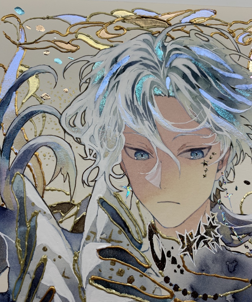 オリジナル 手描きイラスト 男の子 青年 「月の魔法使い」 正方形サイズ 透明水彩