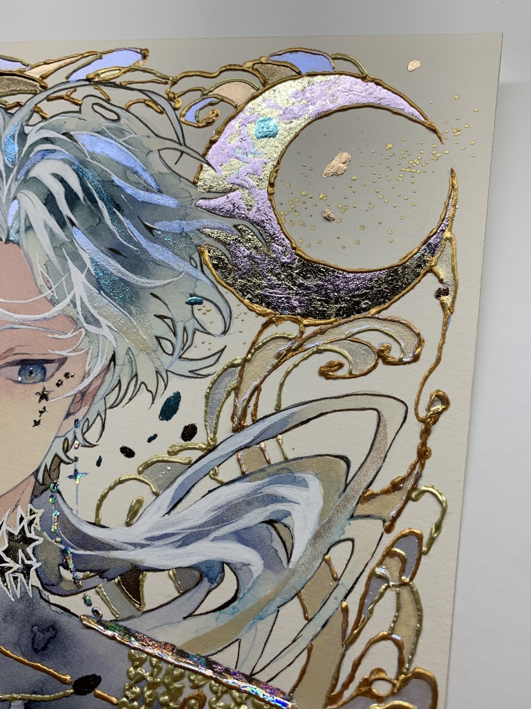 オリジナル 手描きイラスト 男の子 青年 「月の魔法使い」 正方形サイズ 透明水彩