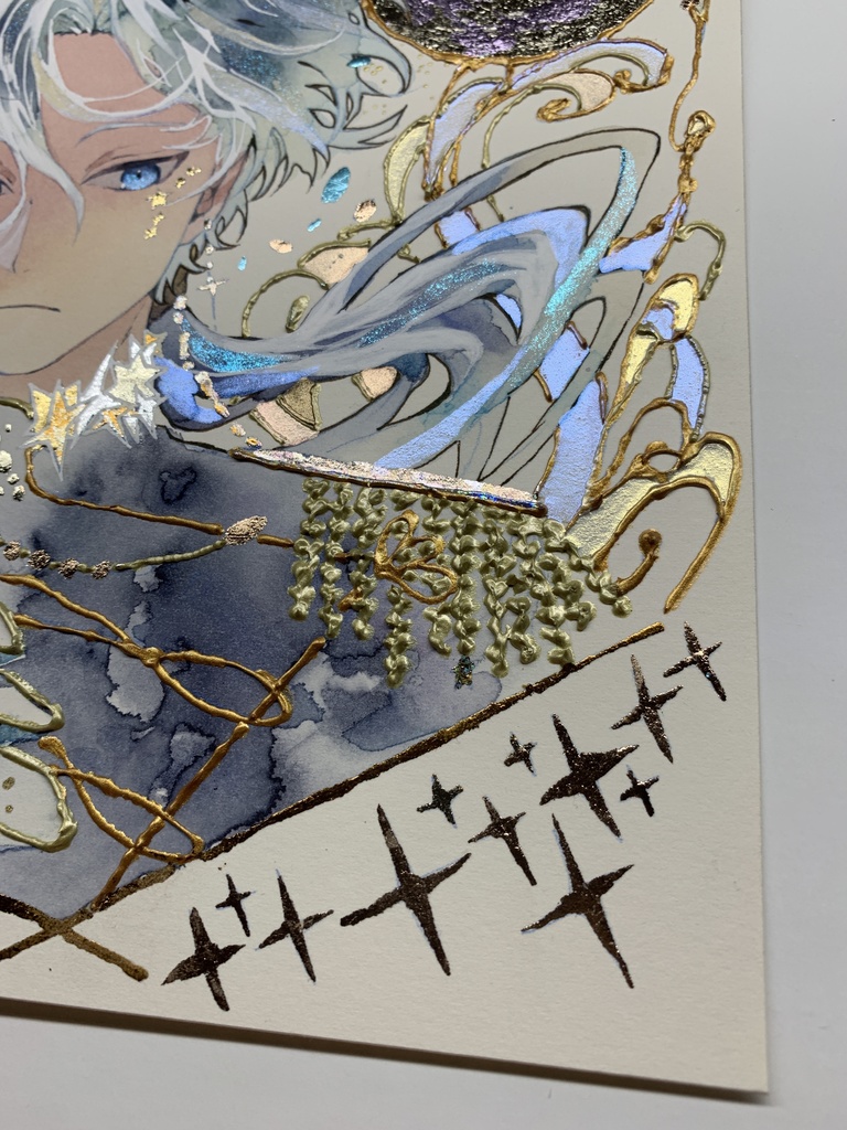 オリジナル 手描きイラスト 男の子 青年 「月の魔法使い」 正方形サイズ 透明水彩