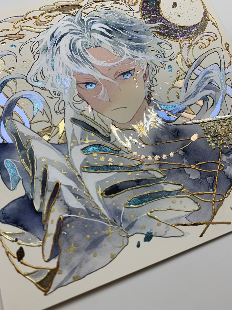 オリジナル 手描きイラスト 男の子 青年 「月の魔法使い」 正方形サイズ 透明水彩