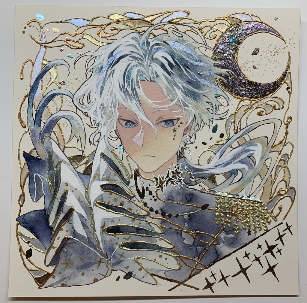 オリジナル 手描きイラスト 男の子 青年 「月の魔法使い」 正方形サイズ 透明水彩