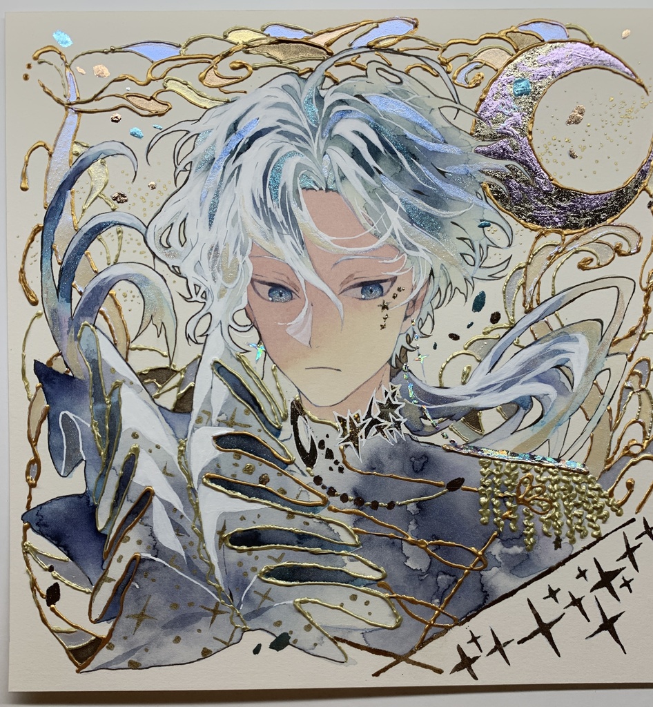 オリジナル 手描きイラスト 男の子 青年 「月の魔法使い」 正方形サイズ 透明水彩