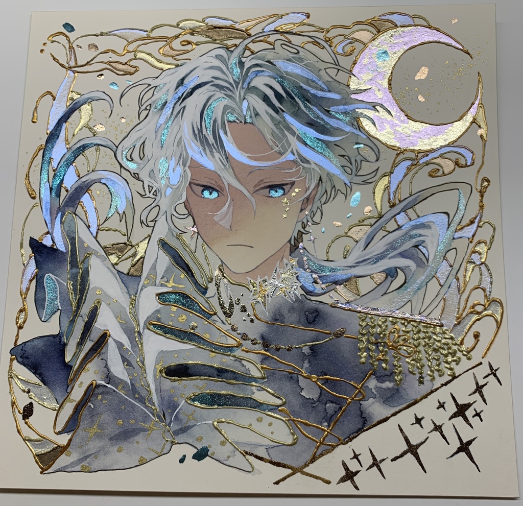 オリジナル 手描きイラスト 男の子 青年 「月の魔法使い」 正方形サイズ 透明水彩