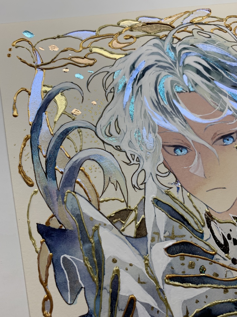 オリジナル 手描きイラスト 男の子 青年 「月の魔法使い」 正方形サイズ 透明水彩