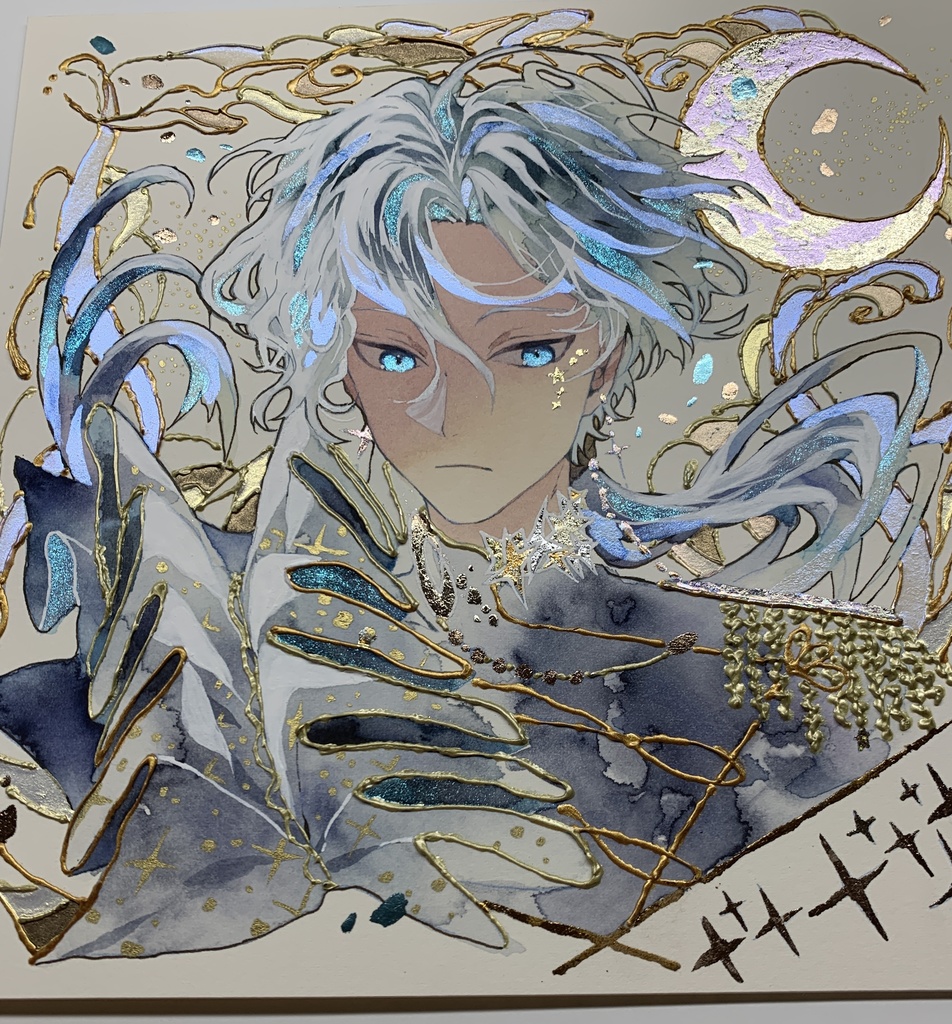 オリジナル 手描きイラスト 男の子 青年 「月の魔法使い」 正方形サイズ 透明水彩