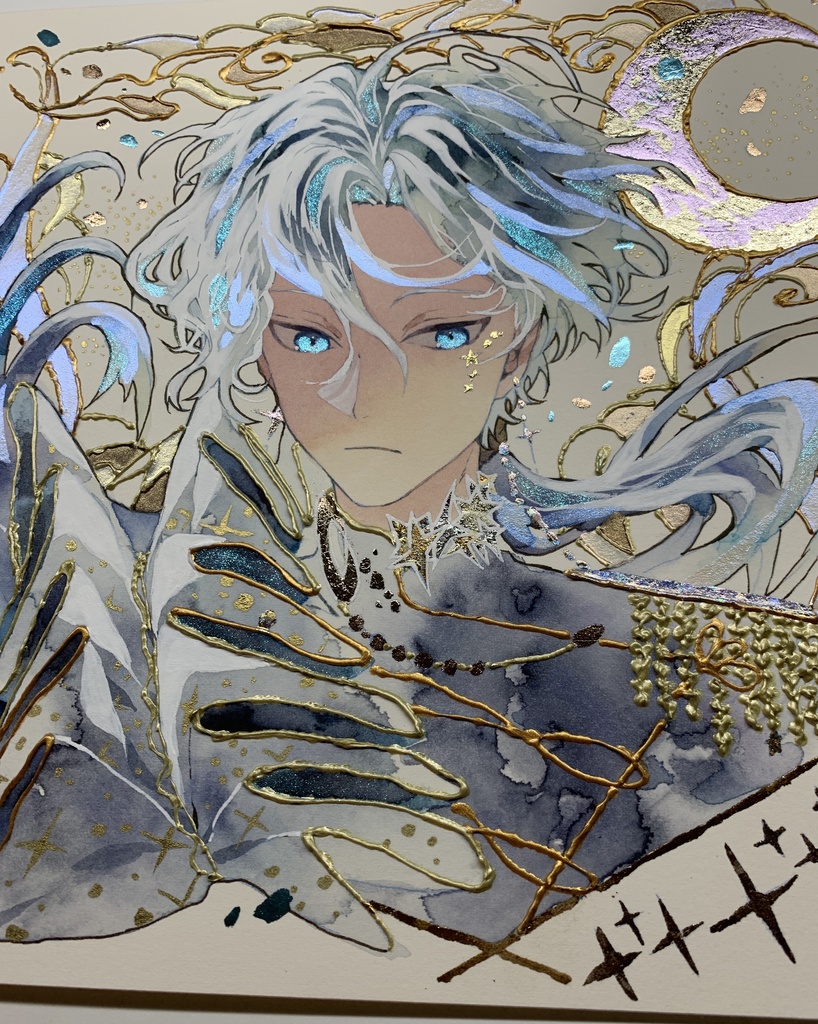 オリジナル 手描きイラスト 男の子 青年 「月の魔法使い」 正方形サイズ 透明水彩