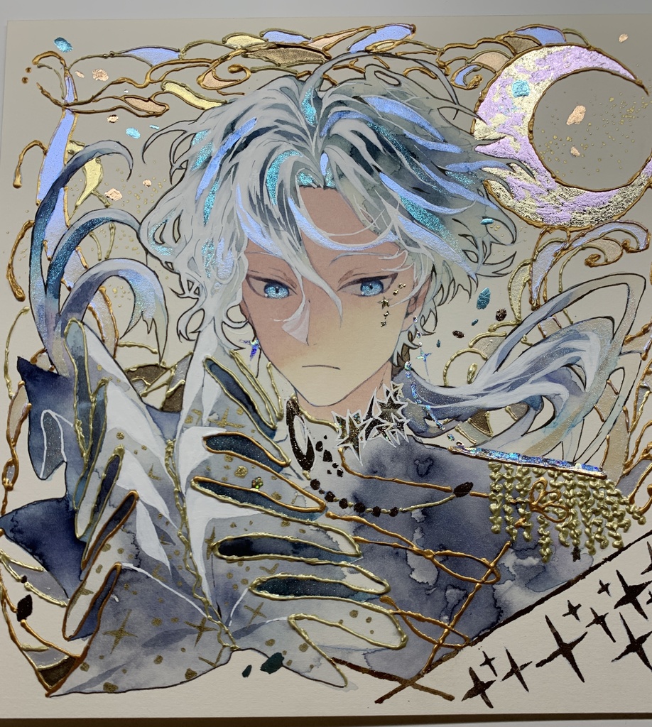 オリジナル 手描きイラスト 男の子 青年 「月の魔法使い」 正方形サイズ 透明水彩