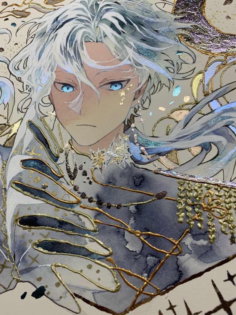 オリジナル 手描きイラスト 男の子 青年 「月の魔法使い」 正方形サイズ 透明水彩