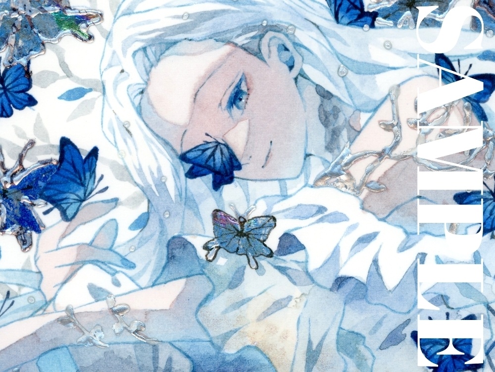 オリジナル 手描きイラスト 女の子 「青色世界」 正方形サイズ 透明水彩