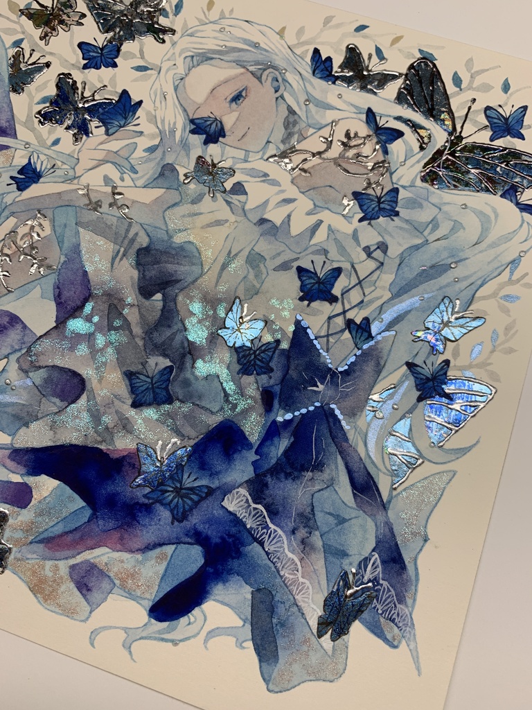 オリジナル 手描きイラスト 女の子 「青色世界」 正方形サイズ 透明水彩