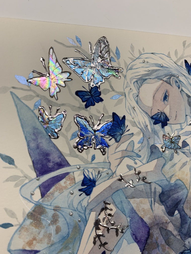 オリジナル 手描きイラスト 女の子 「青色世界」 正方形サイズ 透明水彩