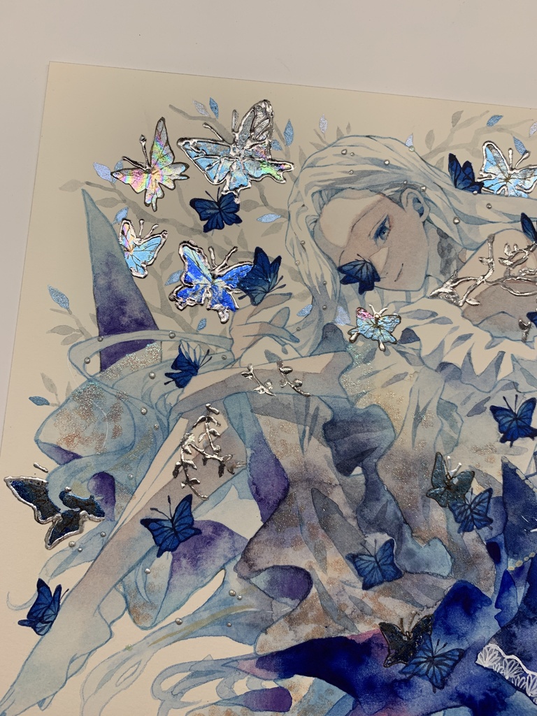 オリジナル 手描きイラスト 女の子 「青色世界」 正方形サイズ 透明水彩