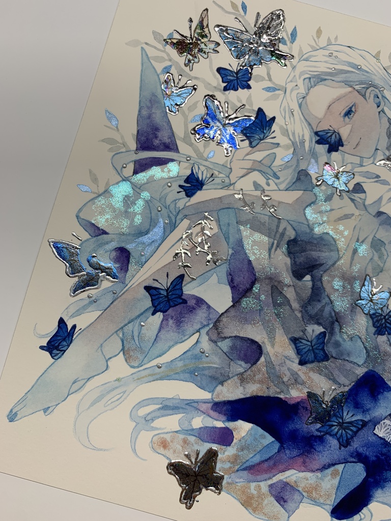 オリジナル 手描きイラスト 女の子 「青色世界」 正方形サイズ 透明水彩