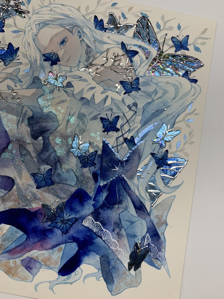 オリジナル 手描きイラスト 女の子 「青色世界」 正方形サイズ 透明水彩