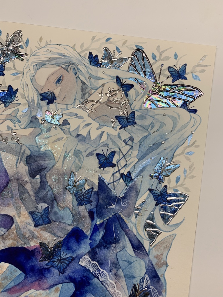 オリジナル 手描きイラスト 女の子 「青色世界」 正方形サイズ 透明水彩