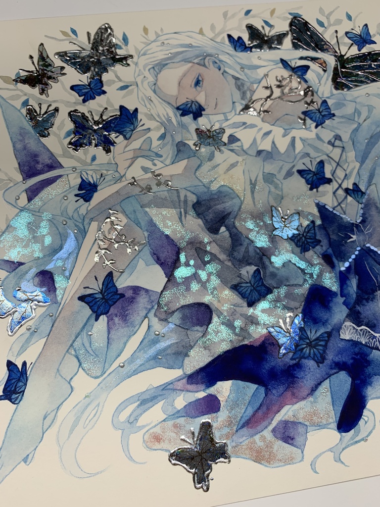 オリジナル 手描きイラスト 女の子 「青色世界」 正方形サイズ 透明水彩