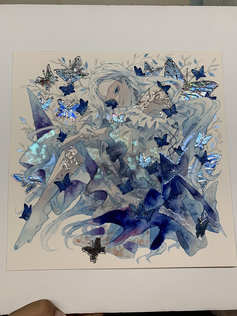 オリジナル 手描きイラスト 女の子 「青色世界」 正方形サイズ 透明水彩