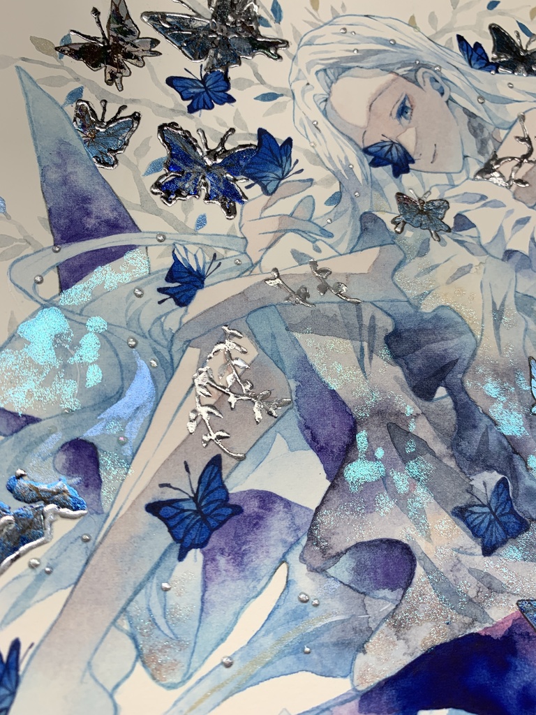 オリジナル 手描きイラスト 女の子 「青色世界」 正方形サイズ 透明水彩