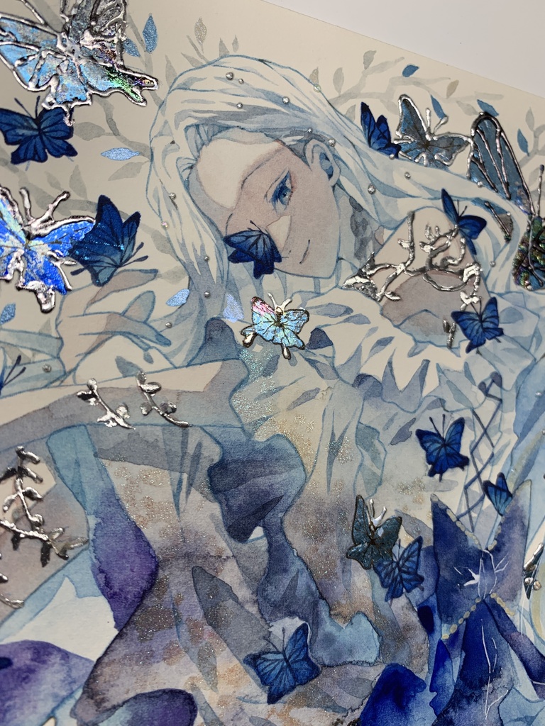 オリジナル 手描きイラスト 女の子 「青色世界」 正方形サイズ 透明水彩