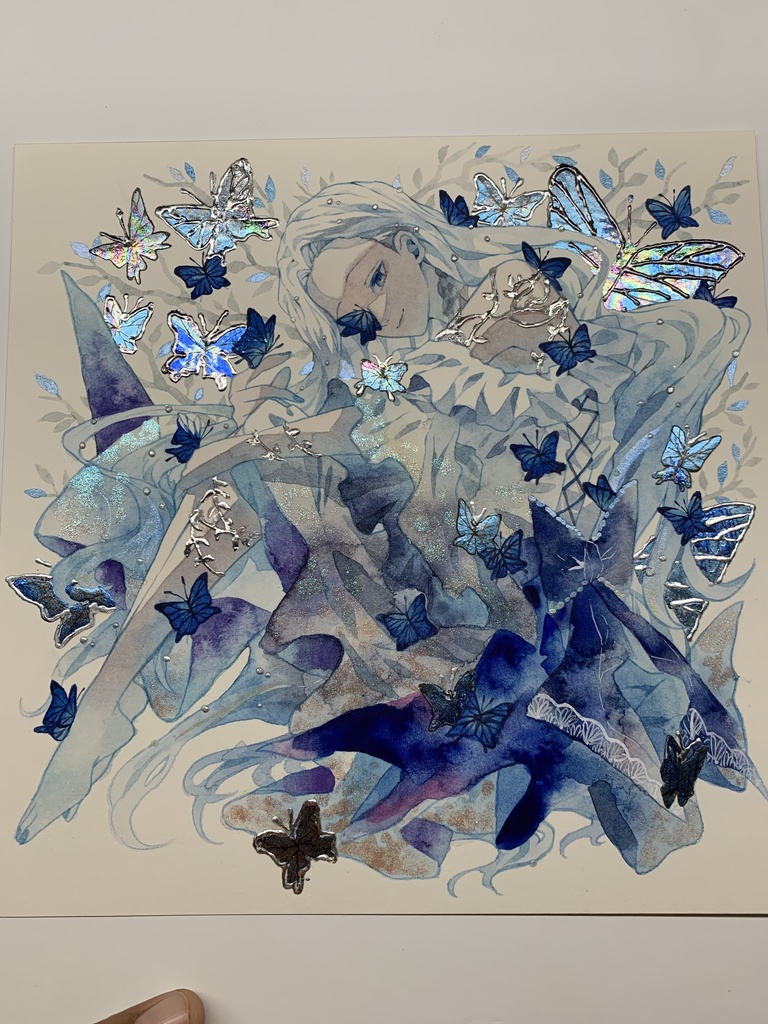 オリジナル 手描きイラスト 女の子 「青色世界」 正方形サイズ 透明水彩