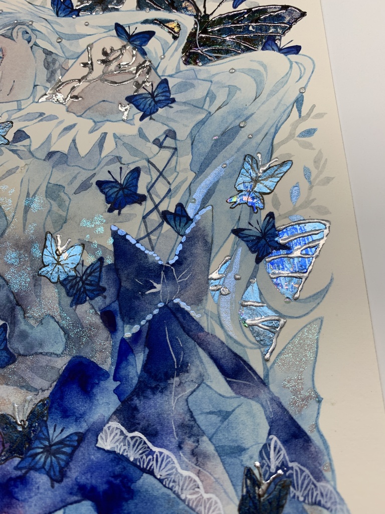 オリジナル 手描きイラスト 女の子 「青色世界」 正方形サイズ 透明水彩