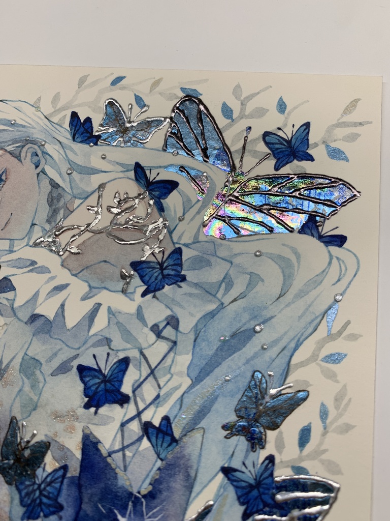 オリジナル 手描きイラスト 女の子 「青色世界」 正方形サイズ 透明水彩