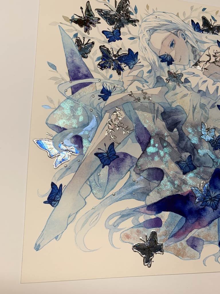 オリジナル 手描きイラスト 女の子 「青色世界」 正方形サイズ 透明水彩