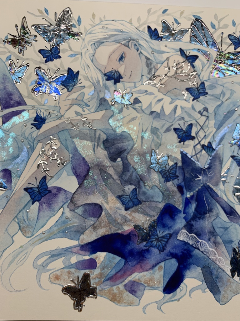 オリジナル 手描きイラスト 女の子 「青色世界」 正方形サイズ 透明水彩