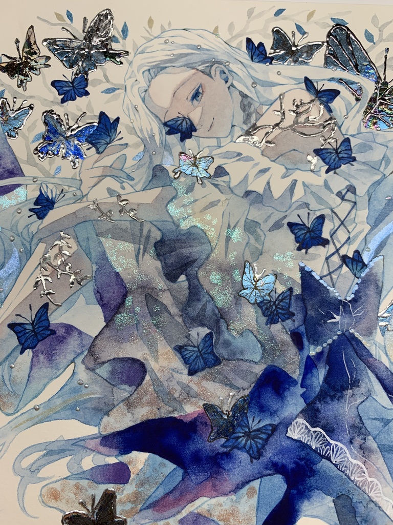 オリジナル 手描きイラスト 女の子 「青色世界」 正方形サイズ 透明水彩