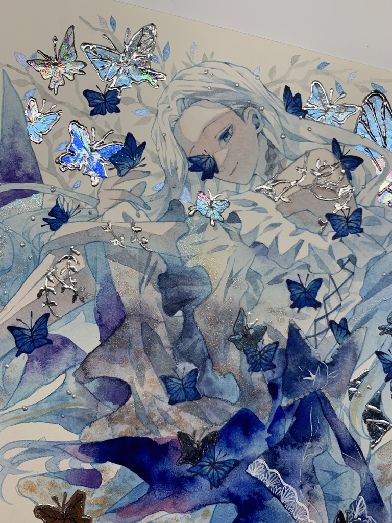 オリジナル 手描きイラスト 女の子 「青色世界」 正方形サイズ 透明水彩