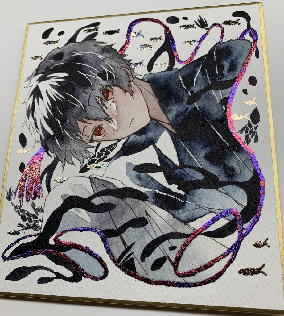 手描きイラスト オリジナル 「黒む」 原画 創作 男の子 青年 1/4色紙サイズ 透明水彩