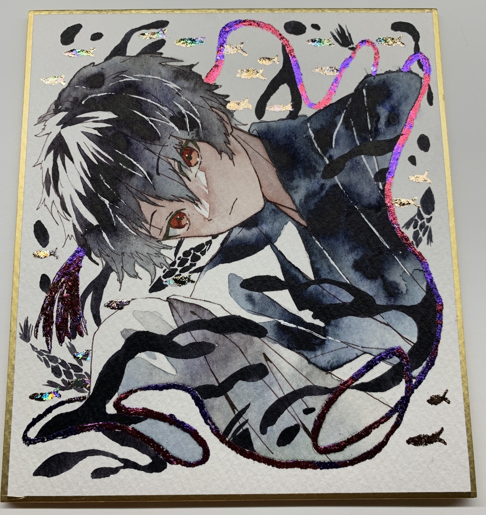 手描きイラスト オリジナル 「黒む」 原画 創作 男の子 青年 1/4色紙サイズ 透明水彩