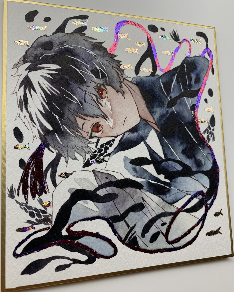 手描きイラスト オリジナル 「黒む」 原画 創作 男の子 青年 1/4色紙サイズ 透明水彩