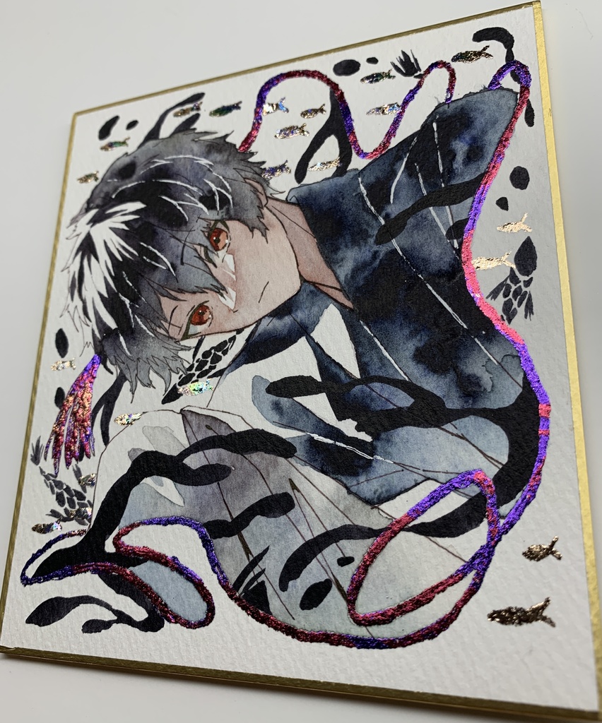 手描きイラスト オリジナル 「黒む」 原画 創作 男の子 青年 1/4色紙サイズ 透明水彩