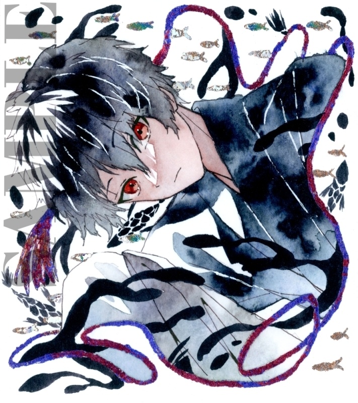 手描きイラスト オリジナル　「黒む」　原画　創作　男の子　青年　1/4色紙サイズ　透明水彩