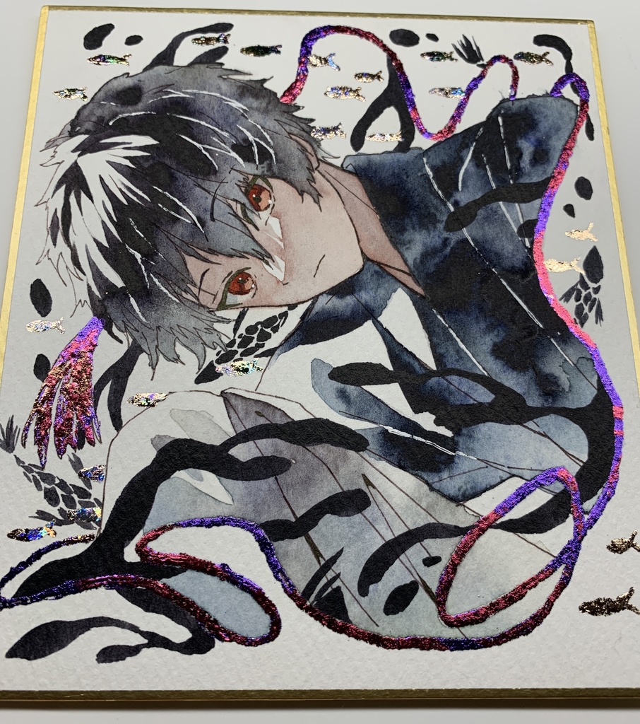 手描きイラスト オリジナル 「黒む」 原画 創作 男の子 青年 1/4色紙サイズ 透明水彩