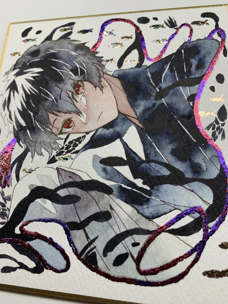 手描きイラスト オリジナル 「黒む」 原画 創作 男の子 青年 1/4色紙サイズ 透明水彩