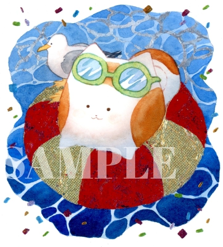 手描きイラスト オリジナル　「ひんやりタイム」　原画　創作　うたもちシリーズ　秋田犬　1/4色紙サイズ　透明水彩