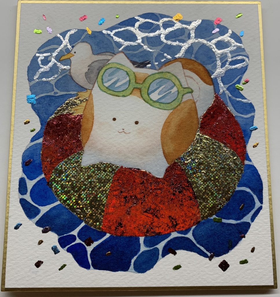 手描きイラスト オリジナル 「ひんやりタイム」 原画 創作 うたもちシリーズ 秋田犬 1/4色紙サイズ 透明水彩