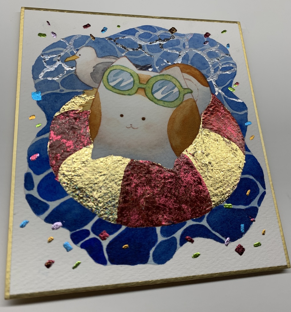 手描きイラスト オリジナル 「ひんやりタイム」 原画 創作 うたもちシリーズ 秋田犬 1/4色紙サイズ 透明水彩