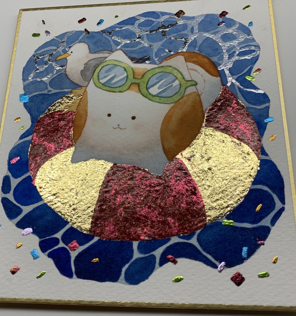 手描きイラスト オリジナル 「ひんやりタイム」 原画 創作 うたもちシリーズ 秋田犬 1/4色紙サイズ 透明水彩