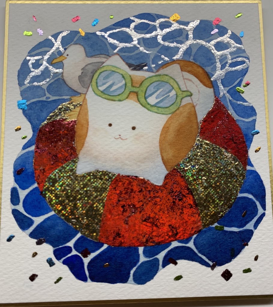 手描きイラスト オリジナル 「ひんやりタイム」 原画 創作 うたもちシリーズ 秋田犬 1/4色紙サイズ 透明水彩