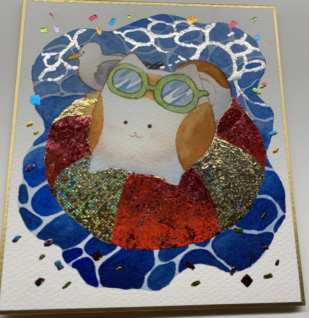 手描きイラスト オリジナル 「ひんやりタイム」 原画 創作 うたもちシリーズ 秋田犬 1/4色紙サイズ 透明水彩