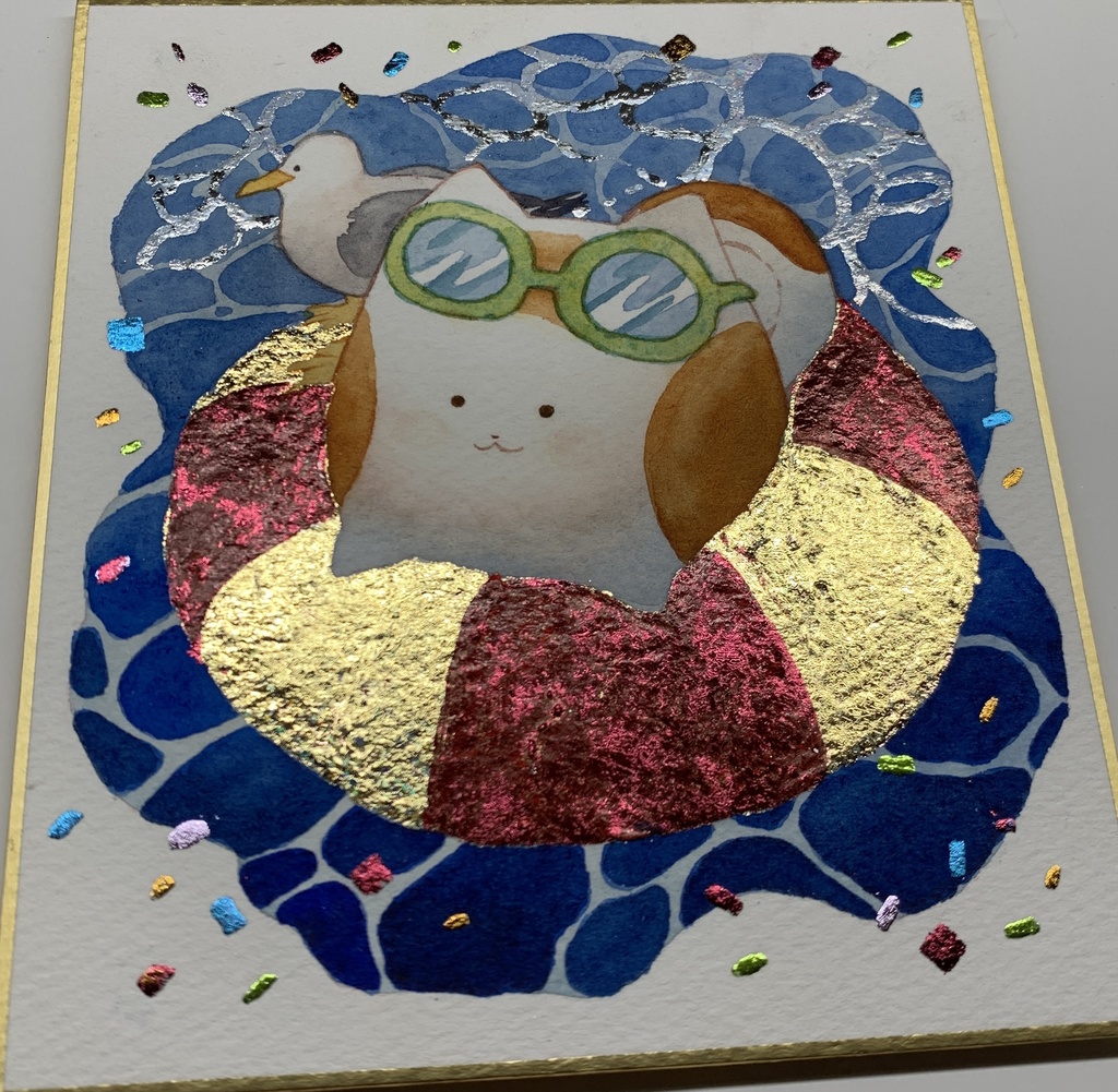 手描きイラスト オリジナル 「ひんやりタイム」 原画 創作 うたもちシリーズ 秋田犬 1/4色紙サイズ 透明水彩