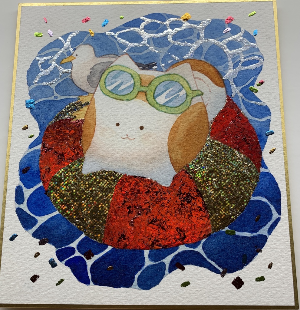 手描きイラスト オリジナル 「ひんやりタイム」 原画 創作 うたもちシリーズ 秋田犬 1/4色紙サイズ 透明水彩