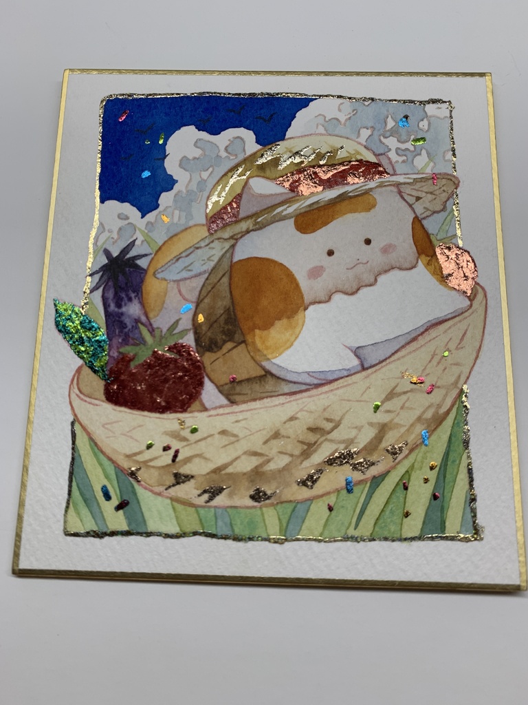 手描きイラスト オリジナル 「冷やし野菜とともに」 原画 創作 うたもちシリーズ 秋田犬 1/4色紙サイズ 透明水彩