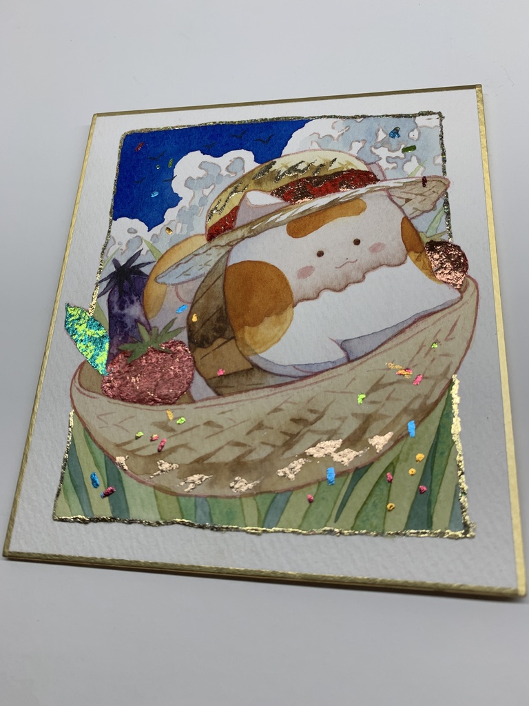 手描きイラスト オリジナル 「冷やし野菜とともに」 原画 創作 うたもちシリーズ 秋田犬 1/4色紙サイズ 透明水彩