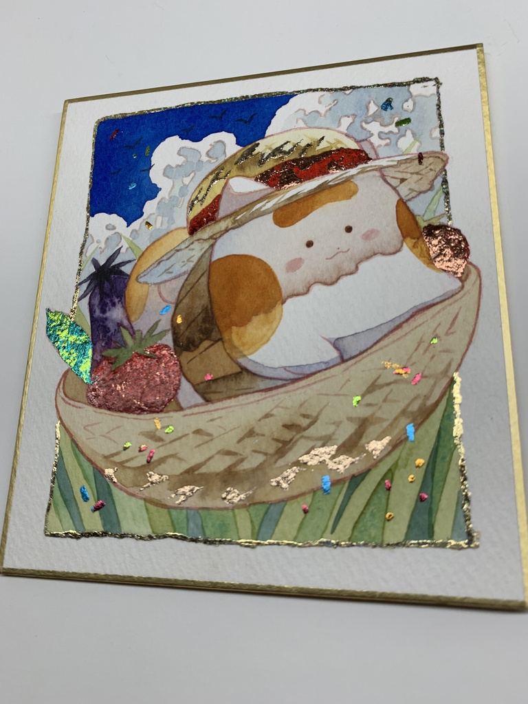 手描きイラスト オリジナル 「冷やし野菜とともに」 原画 創作 うたもちシリーズ 秋田犬 1/4色紙サイズ 透明水彩