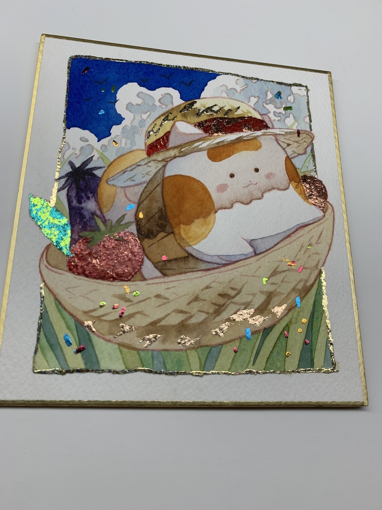 手描きイラスト オリジナル 「冷やし野菜とともに」 原画 創作 うたもちシリーズ 秋田犬 1/4色紙サイズ 透明水彩